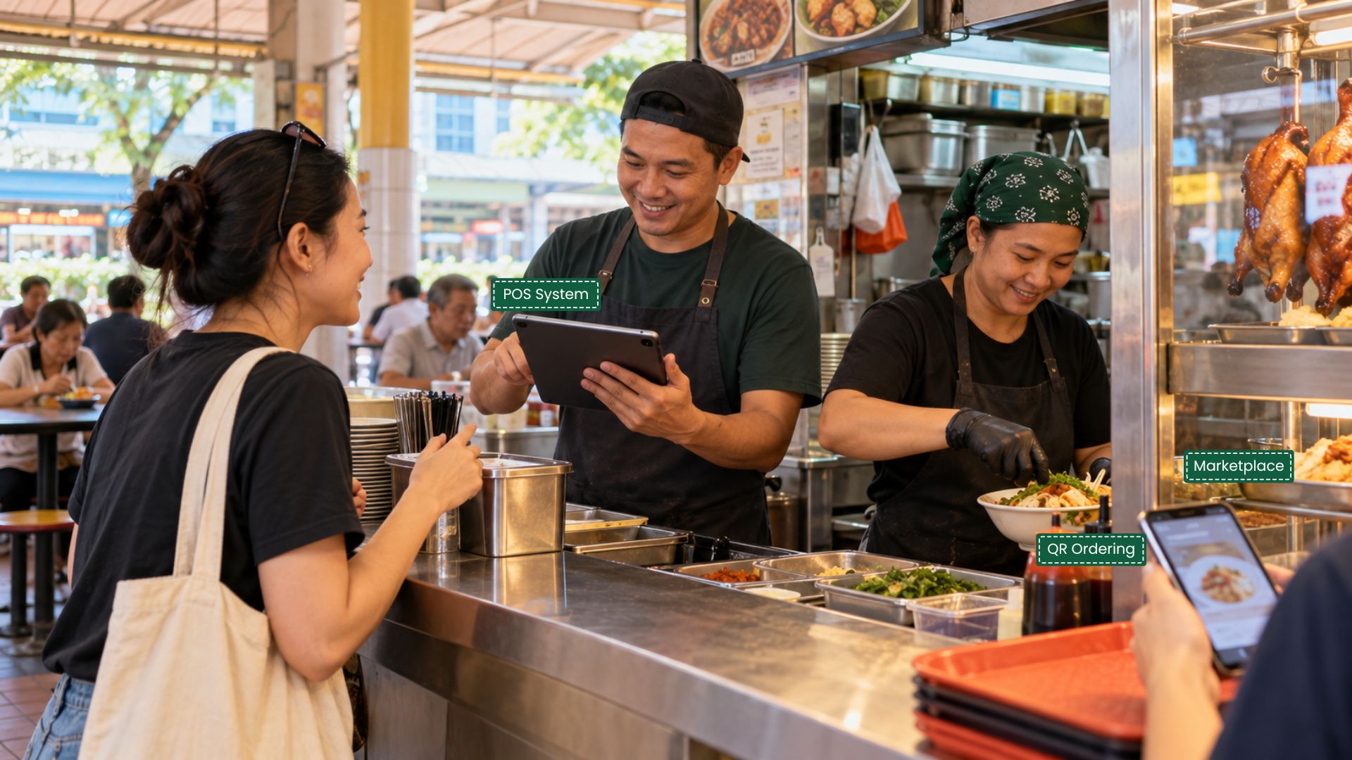 Illustration of Hawker POS supporting simple digital ordering and efficient service for hawker stalls and small food businesses.
