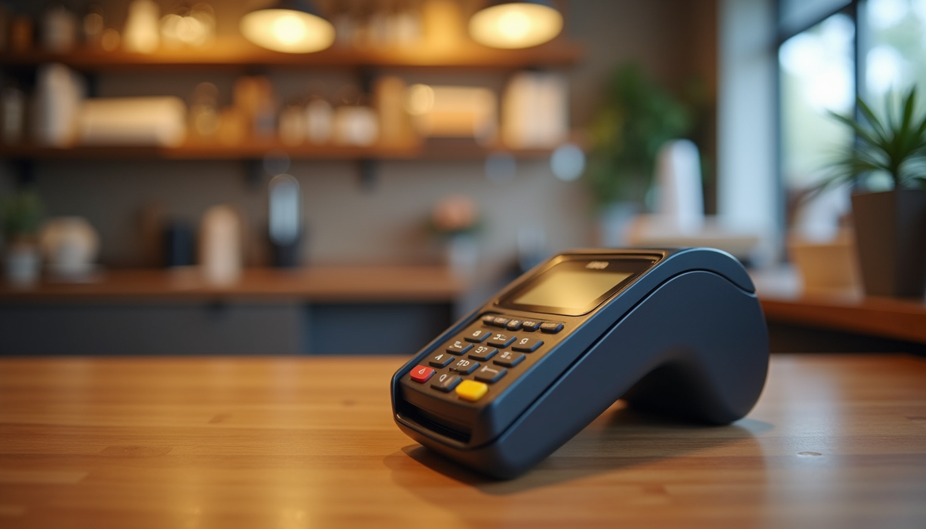 Close-up view of a modern payment terminal on a wooden counter