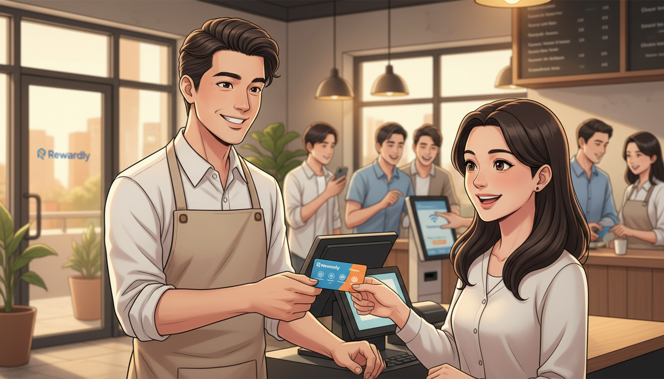Close-up view of a customer receiving a loyalty card at a retail checkout