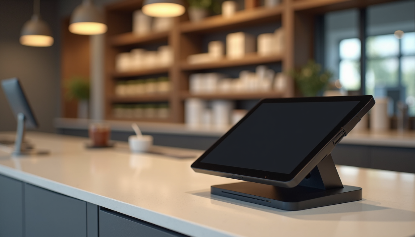 Eye-level view of a modern retail POS terminal on a sleek counter
