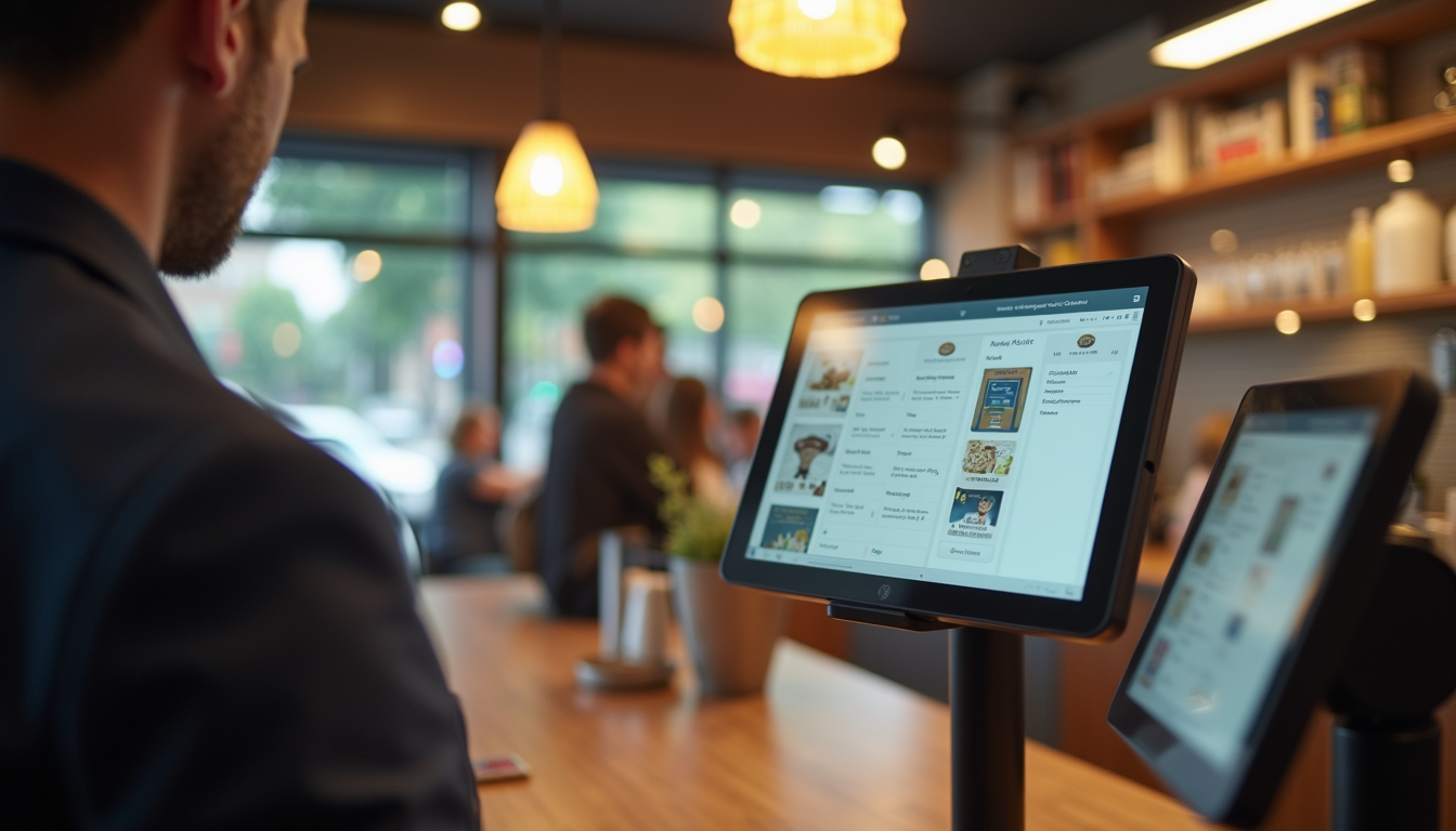 Eye-level view of a modern self-service ordering kiosk in a restaurant