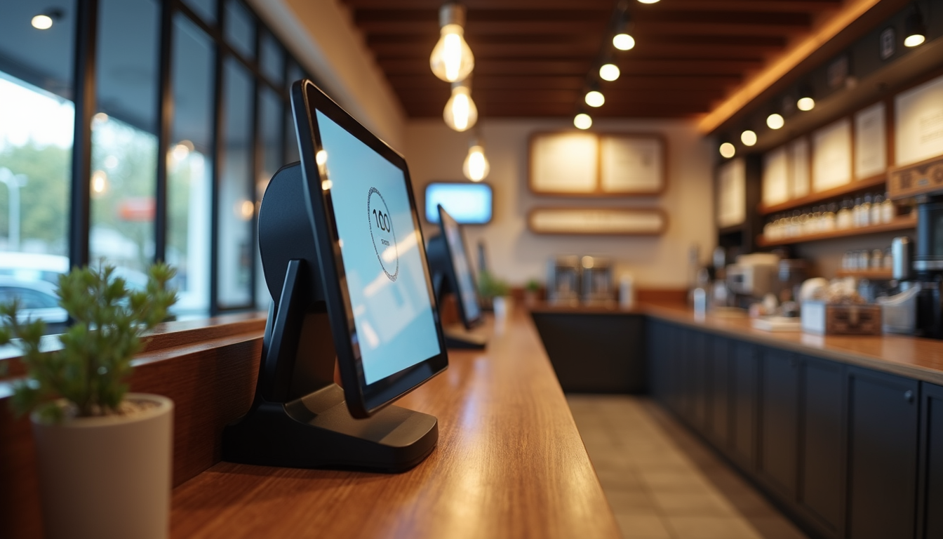 Eye-level view of a modern self-service kiosk in a restaurant
