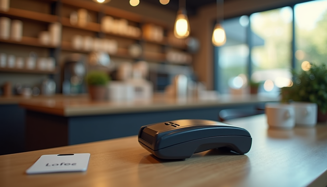 Eye-level view of a coffee shop counter with a loyalty card scanner