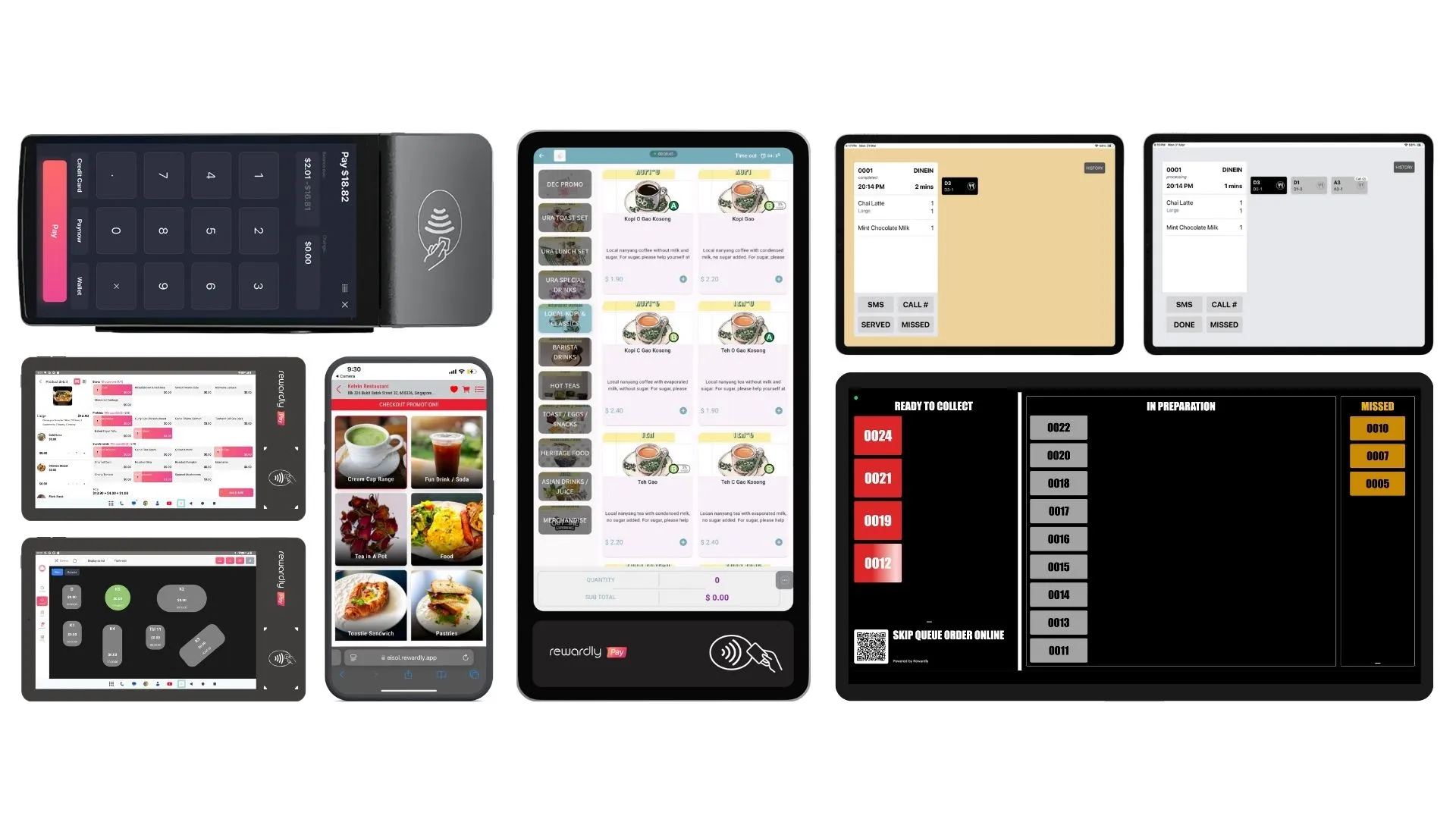 Grid of digital restaurant POS systems showing ordering, payment, and queue screens. Features colorful food images, menus, and status updates.