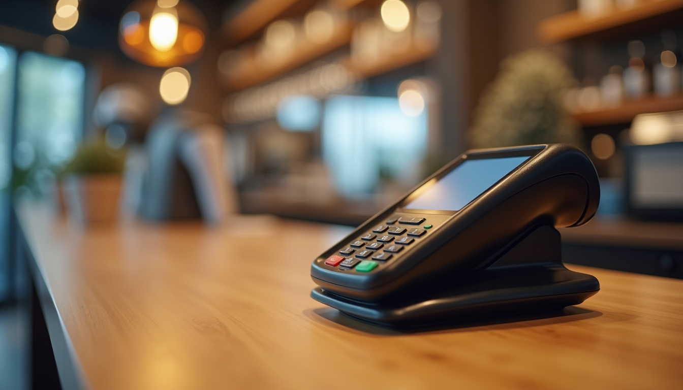 Close-up view of a sleek countertop payment terminal on a wooden counter