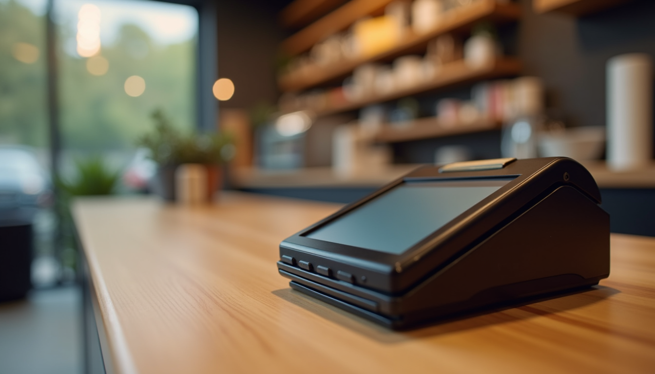 Close-up view of a modern payment terminal on a wooden counter