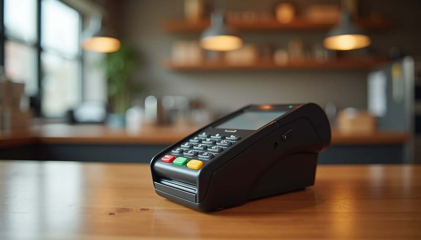 Close-up view of a modern payment terminal on a wooden counter