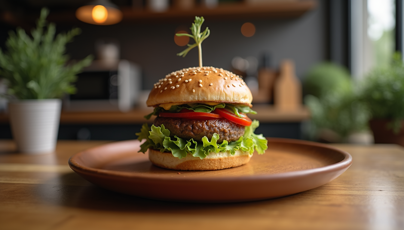 Close-up view of a plant-based burger on a wooden plate