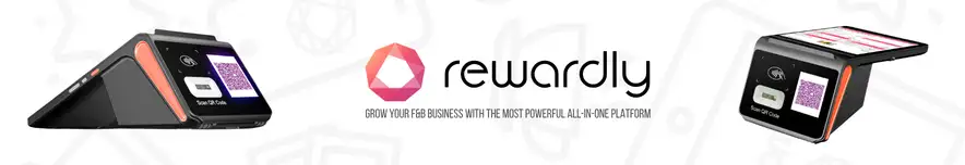 Banner with two black card readers flanking the Rewardly logo and text: Grow your F&B business with the most powerful all-in-one platform.