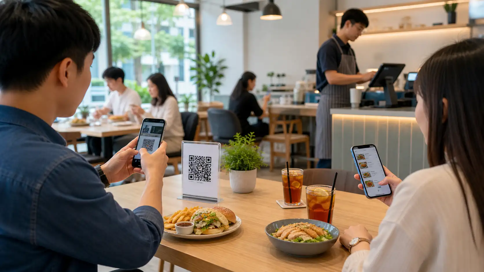 Singapore restaurant customer scanning a QR code at the table while staff manage orders through a connected POS system