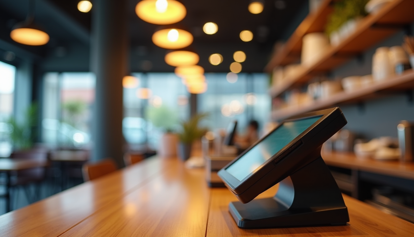 Eye-level view of a modern restaurant counter with a POS terminal