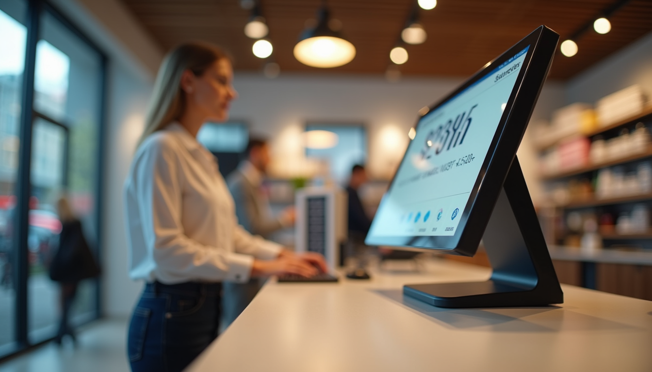 Eye-level view of a modern retail checkout counter with a POS system