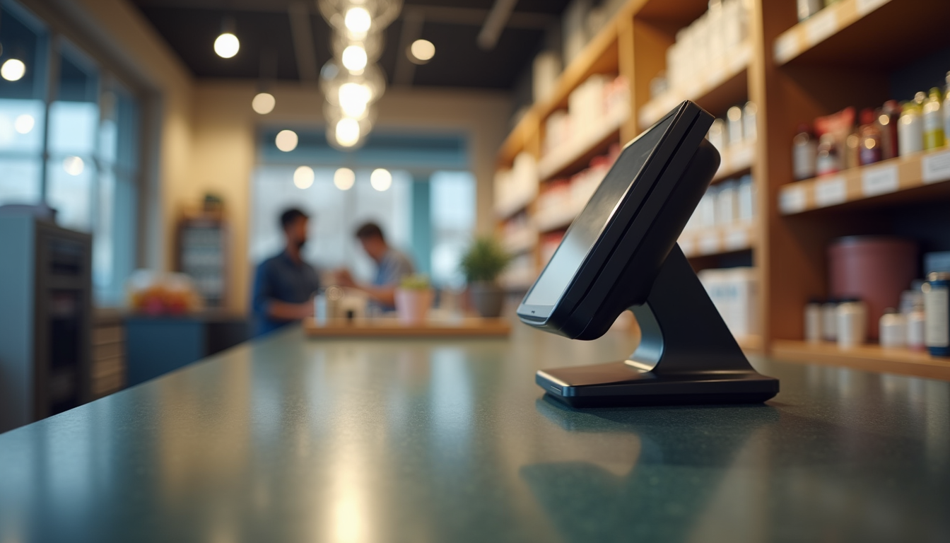 Eye-level view of a retail checkout counter with a modern POS terminal