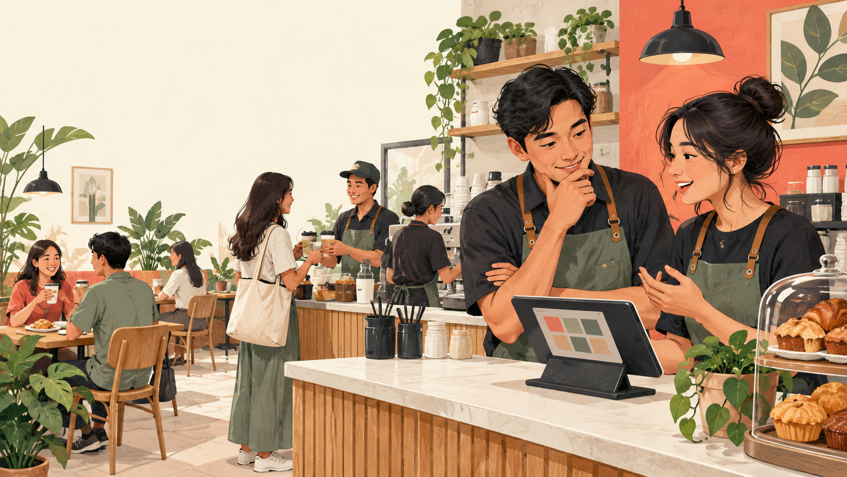 Illustration of a Singapore café owner and staff member discussing their POS and service flow