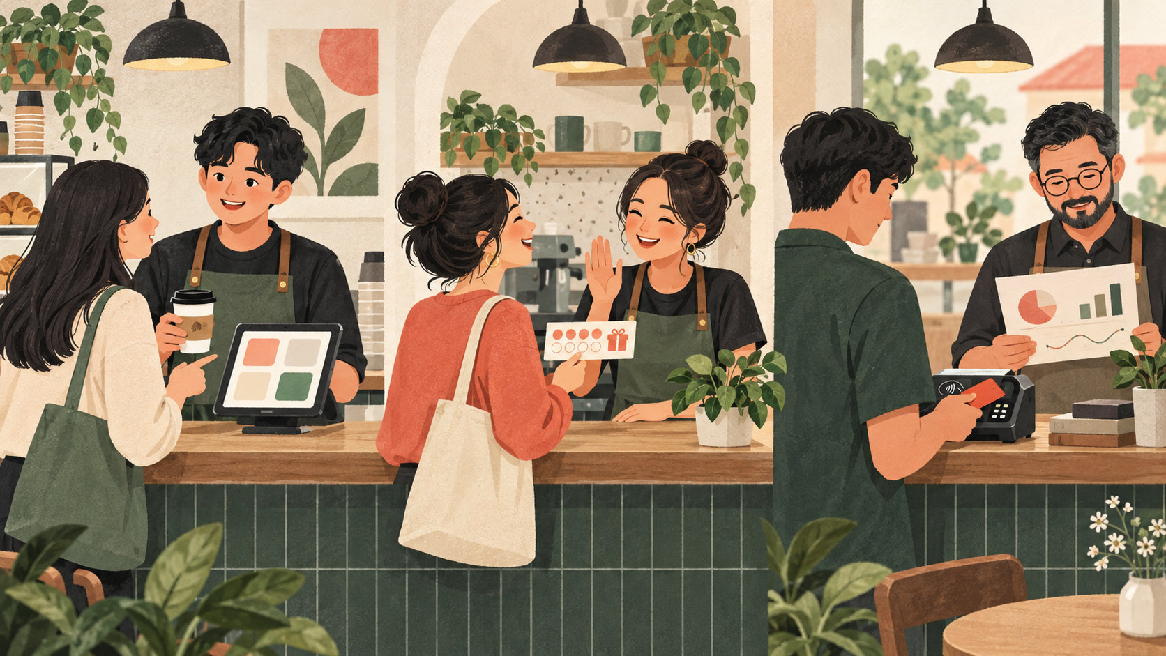 Illustration of café staff serving an order, welcoming a regular and reviewing a payment