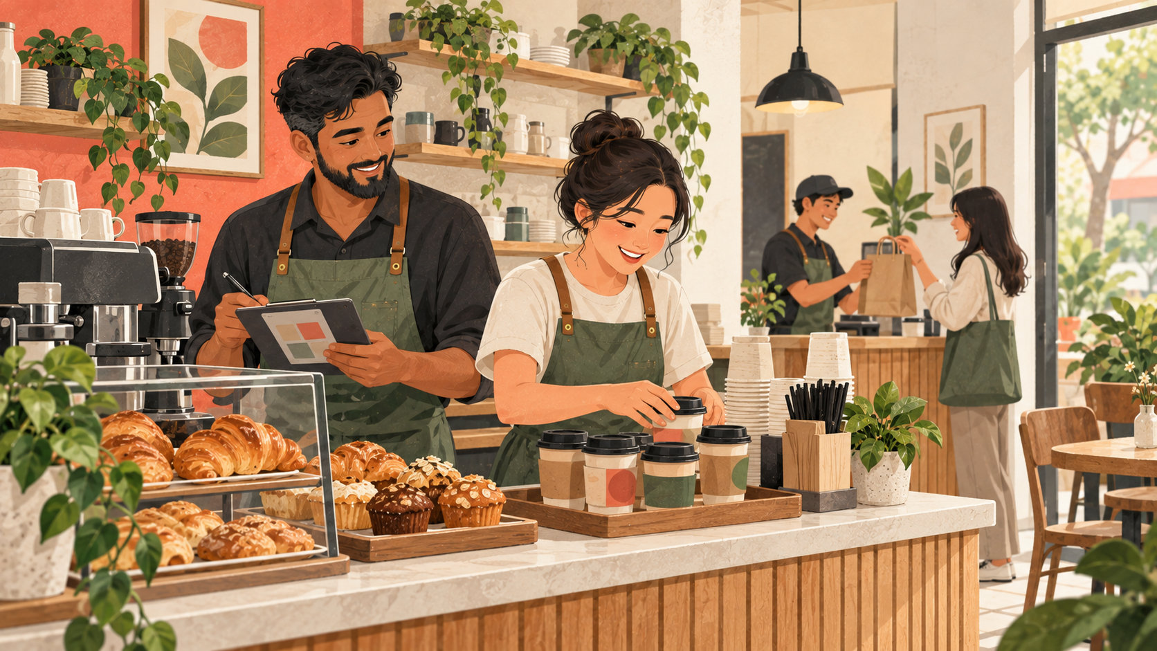Editorial illustration: Cafe owner and barista preparing for morning service