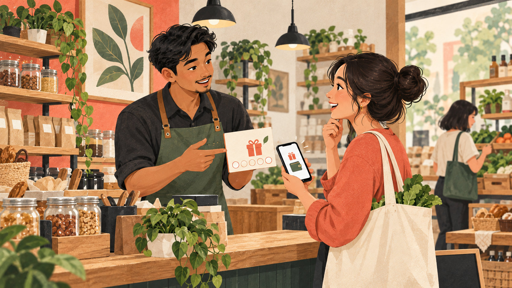 Editorial illustration: Merchant discussing a return-visit benefit with a shopper