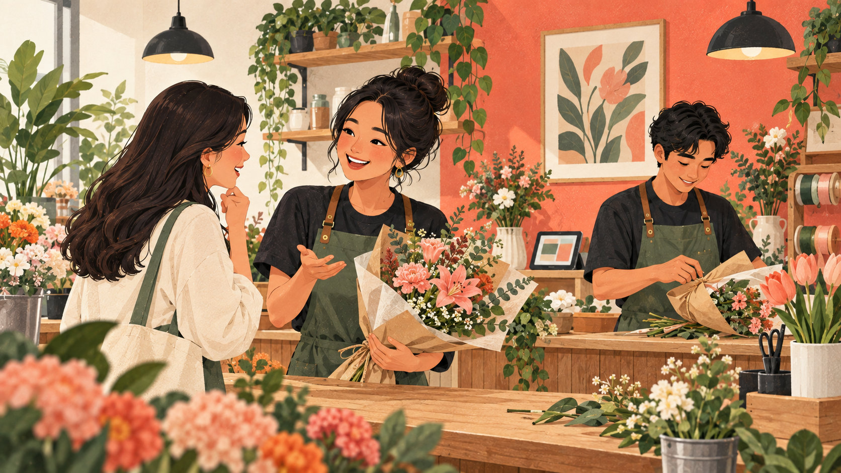 Editorial illustration: Florist listening to a customer and preparing a bouquet