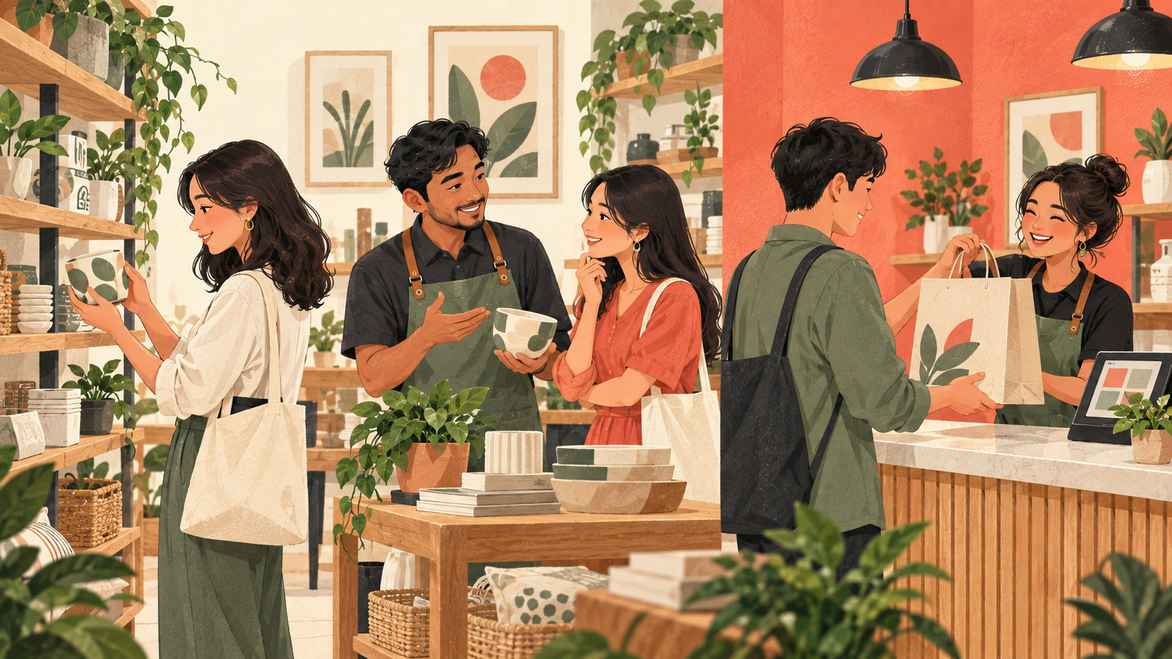 Editorial illustration: Customer browsing, receiving help and collecting a purchase