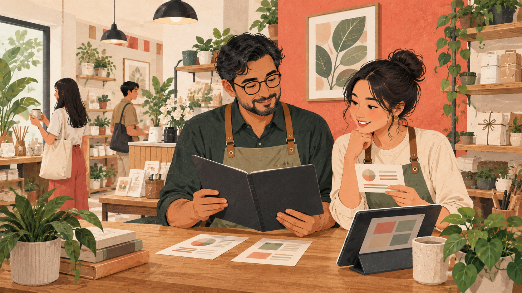 Editorial illustration: Shop owner and staff reviewing customer records carefully
