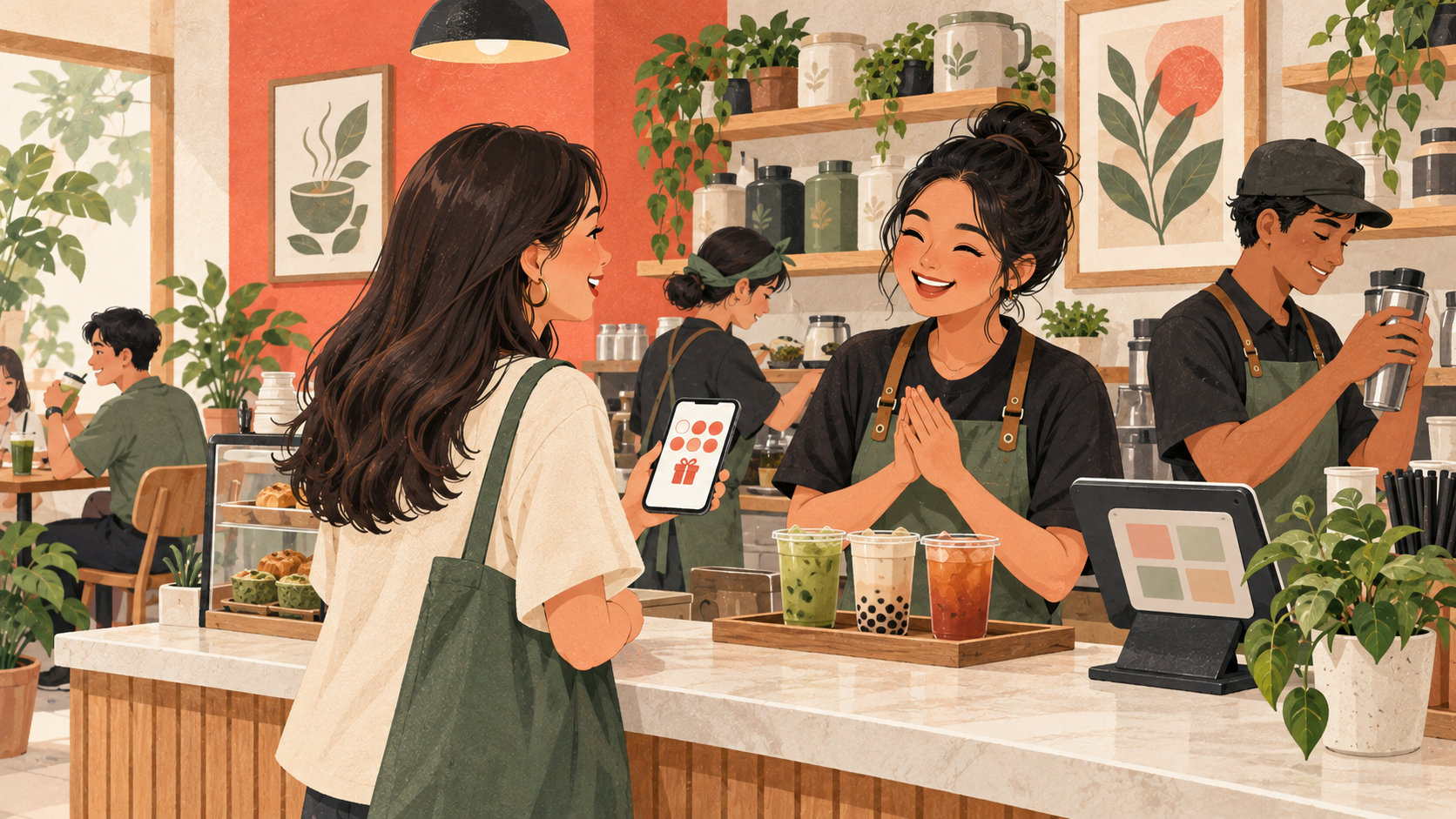 Editorial illustration: Tea-shop regular discussing a digital stamp reward