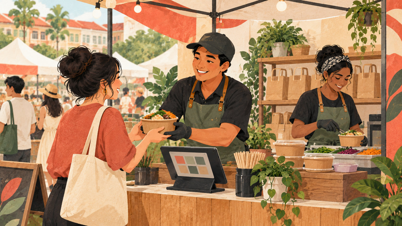 Editorial illustration: Food merchant coordinating orders at a pop-up market