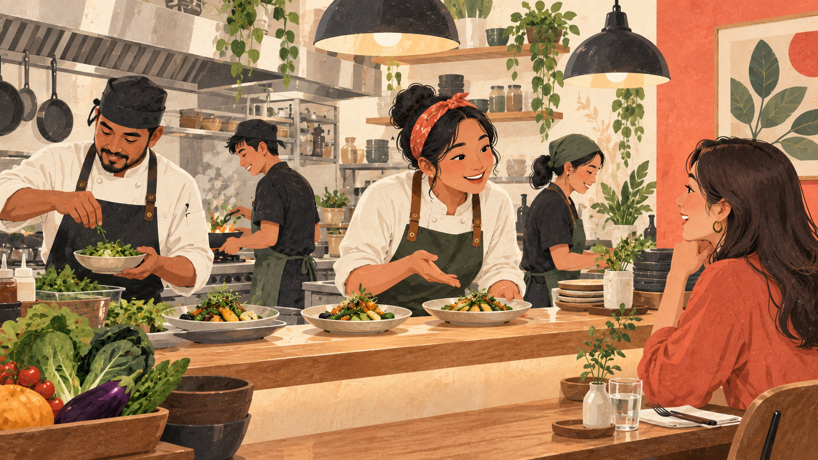 Editorial illustration: Restaurant team preparing fresh food and listening to a diner