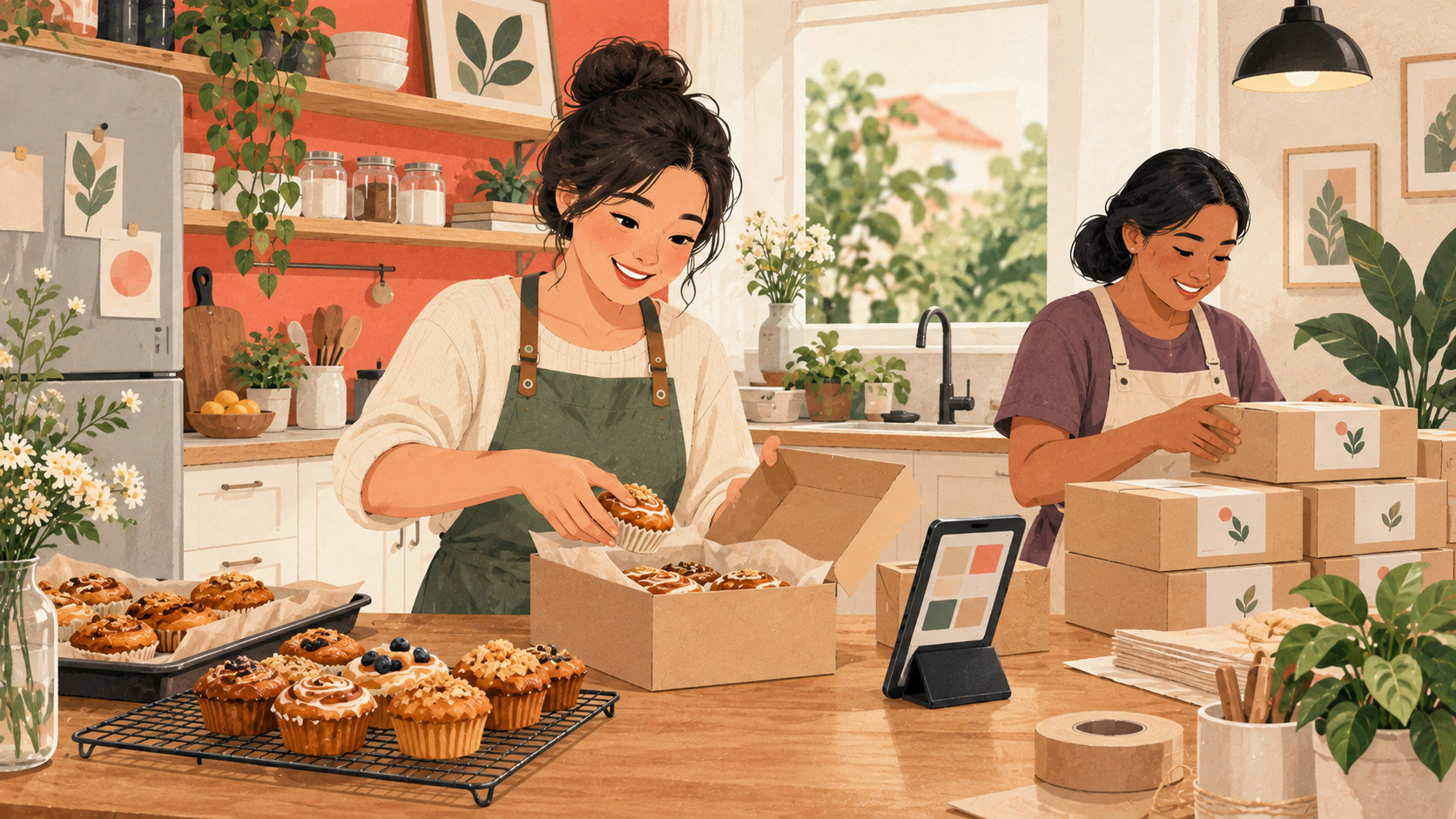 Editorial illustration: Home-based baker preparing a pastry pickup order