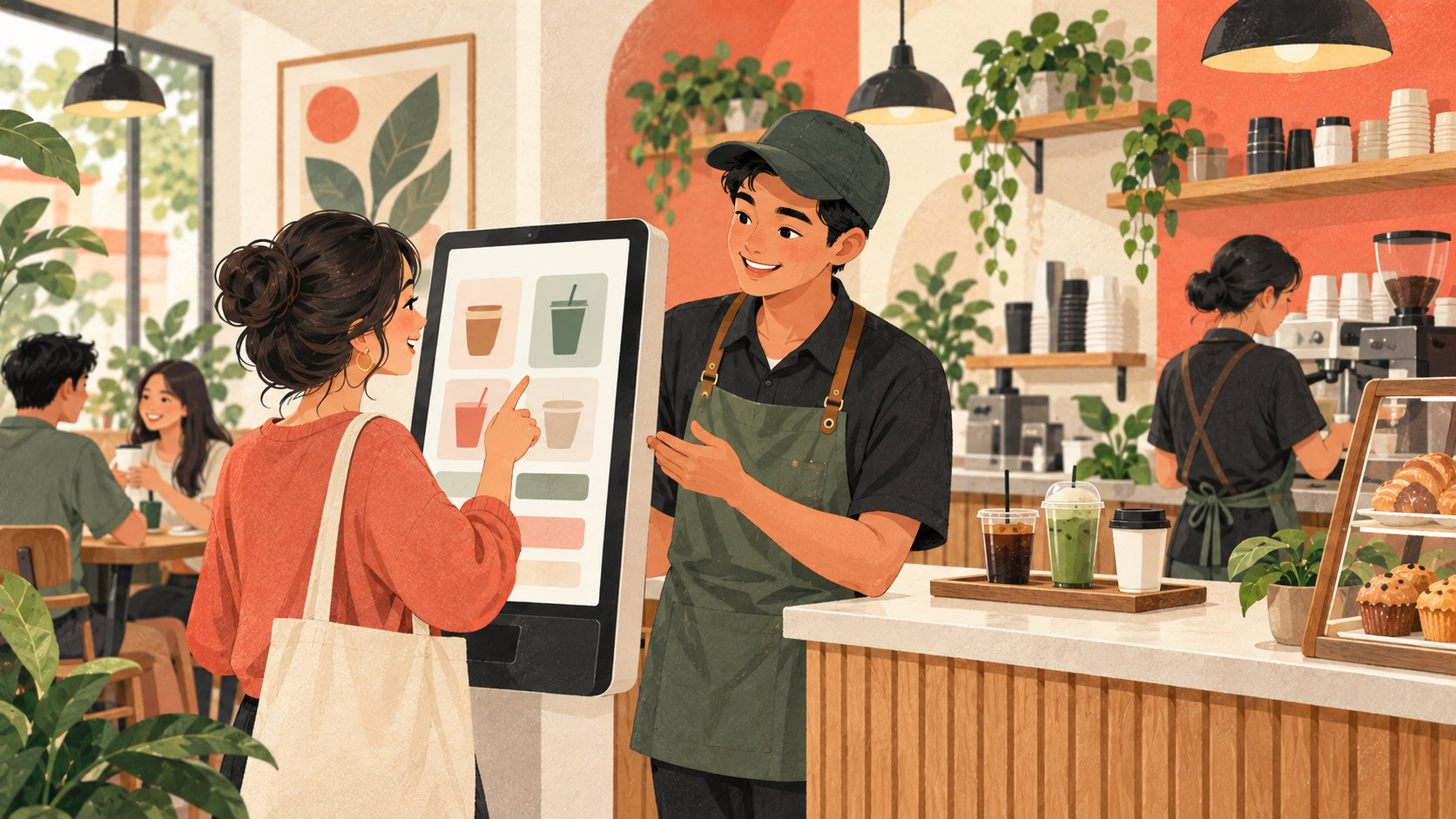 Editorial illustration: Cafe guest using a self-ordering kiosk with staff nearby