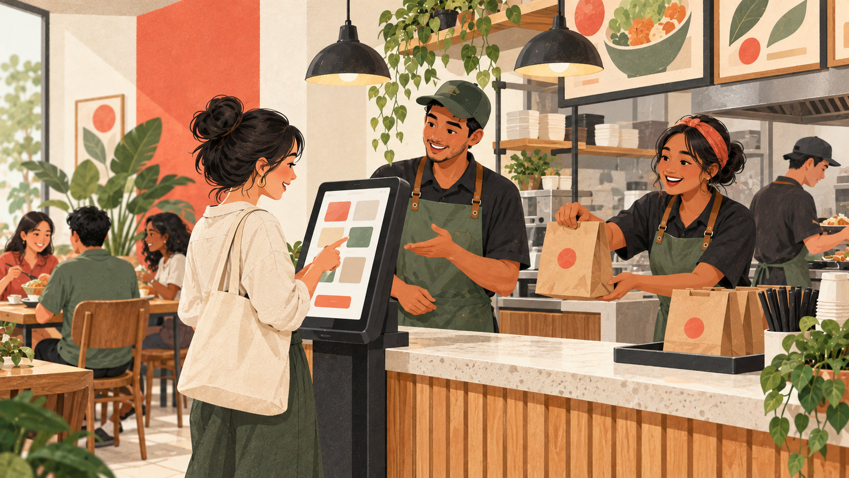编辑插画:午餐服务团队协调自助点餐和取餐
