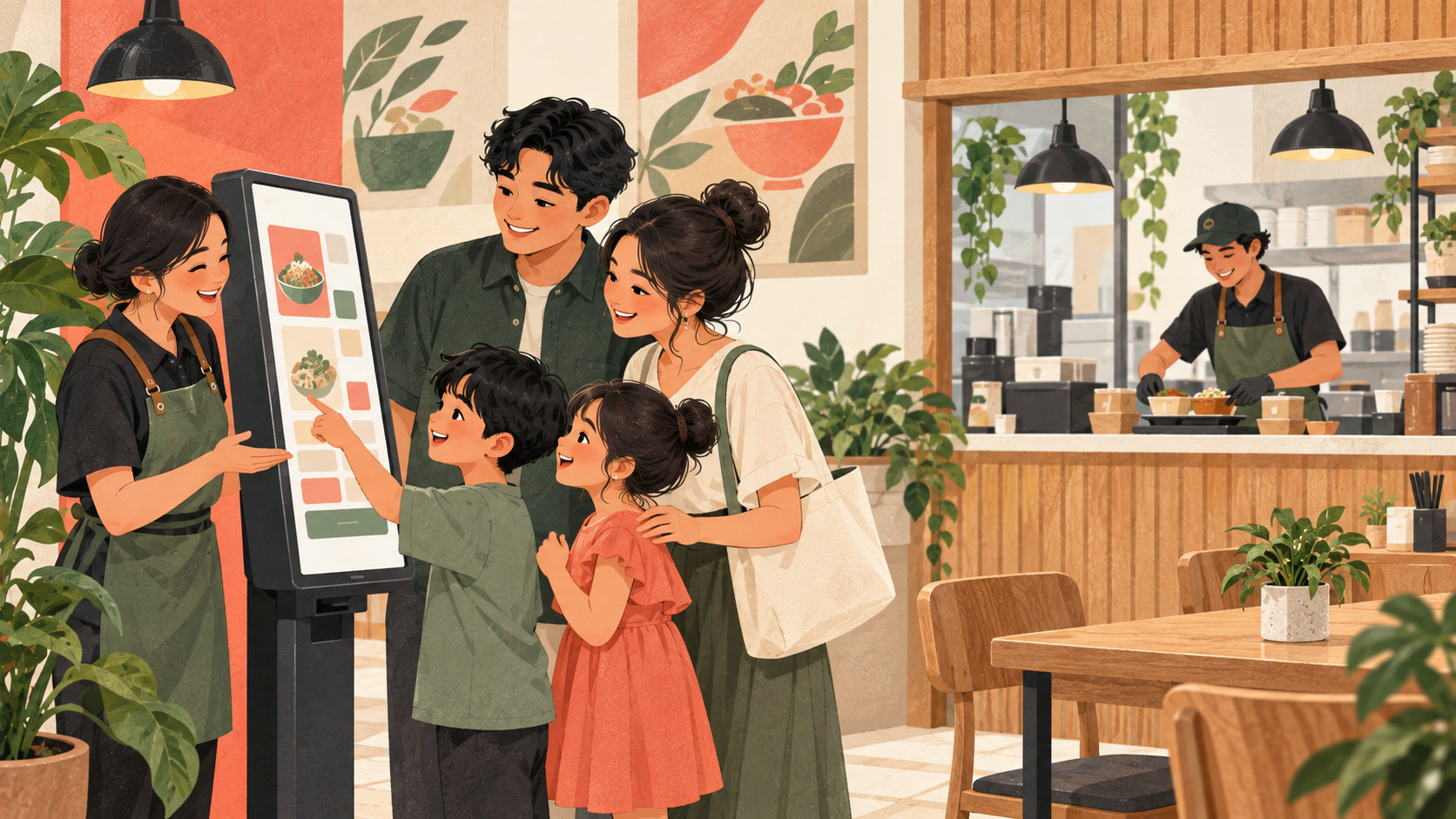 Editorial illustration: Restaurant guests ordering at a kiosk with staff assistance