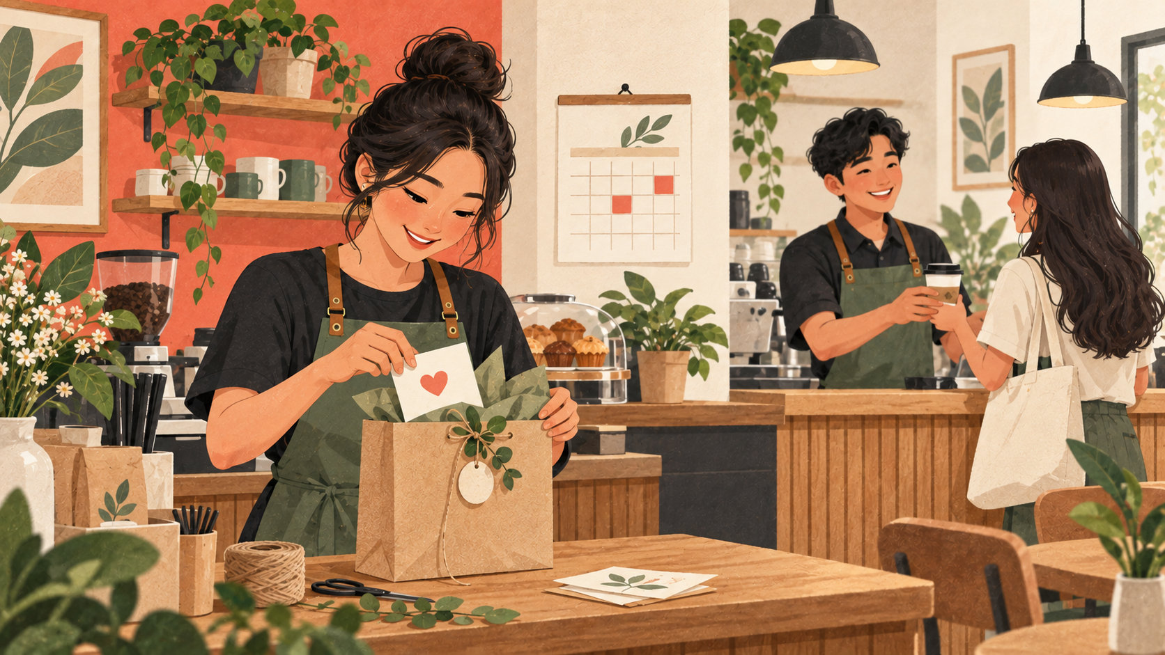 Editorial illustration: Cafe owner planning a return-visit reward while welcoming a regular
