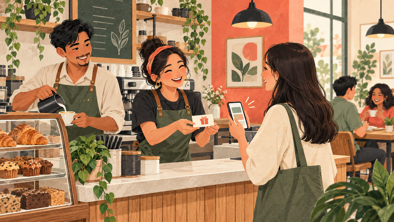 Editorial illustration: Cafe team welcoming a familiar guest with a simple reward idea