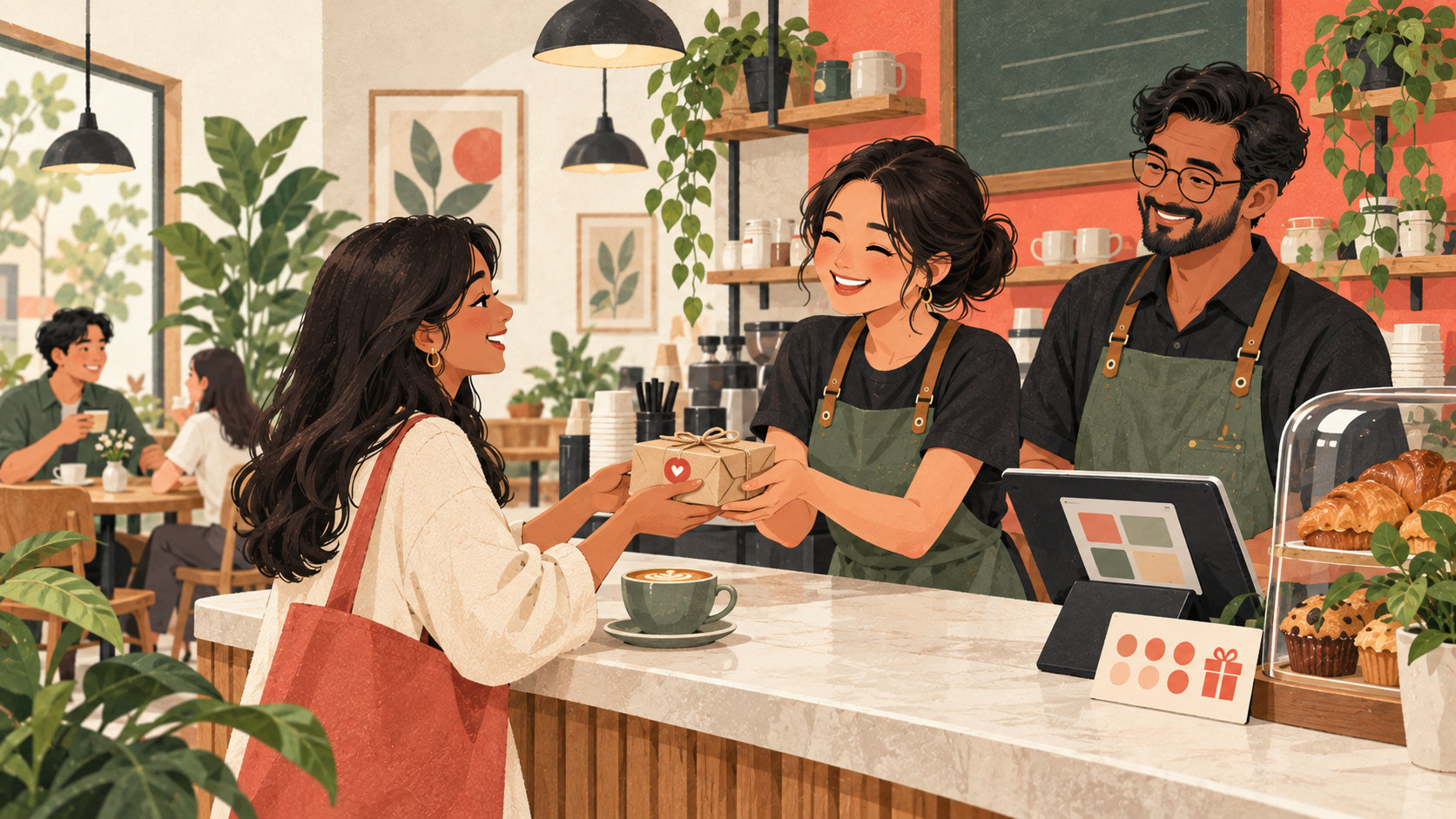 Editorial illustration: Cafe owner welcoming a regular and discussing membership benefits
