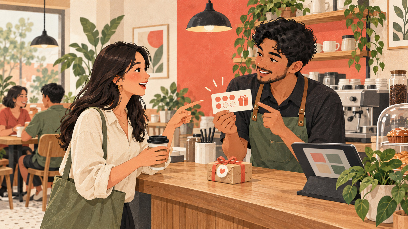 Editorial illustration: Cafe guest and barista discussing a rewards programme