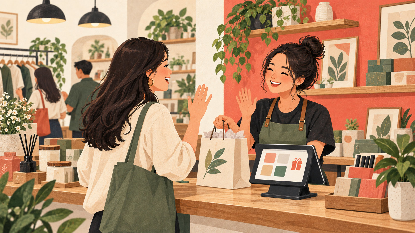 Editorial illustration: Shopkeeper recognising a returning customer at checkout