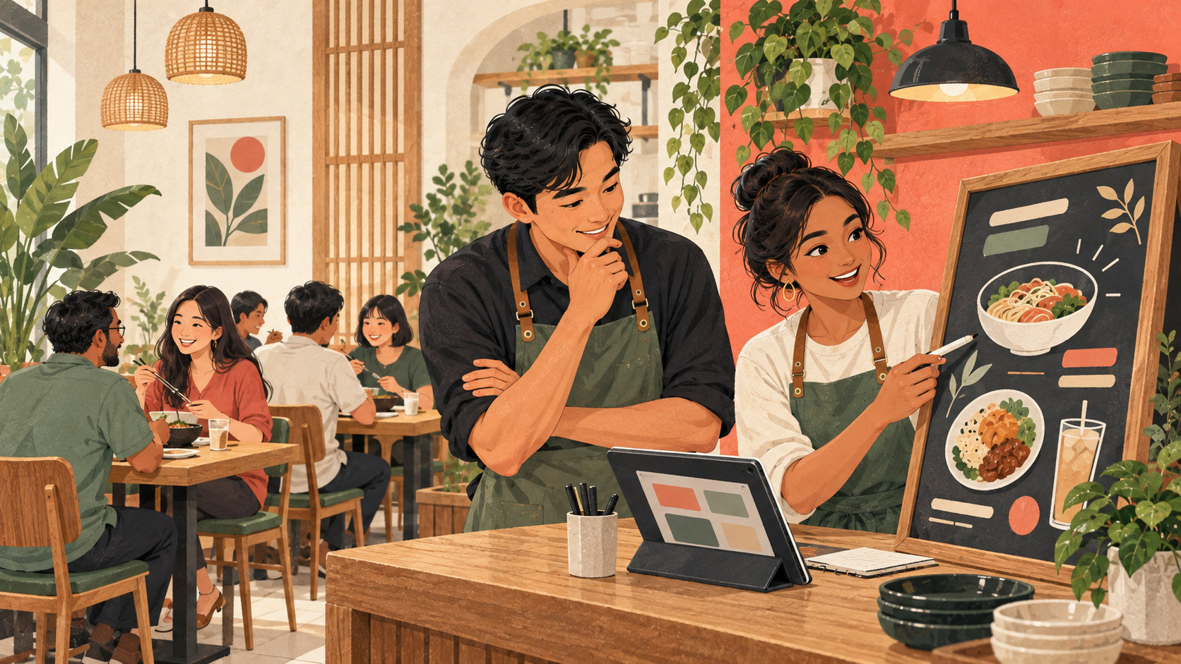 Editorial illustration: Restaurant team planning a customer promotion