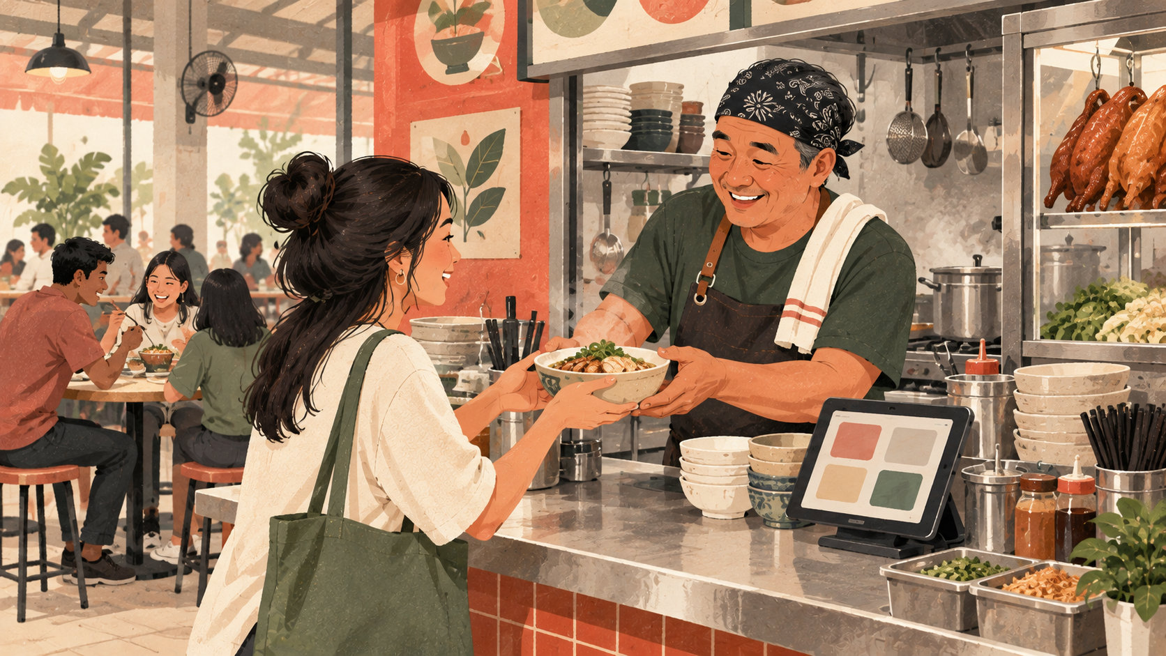 Editorial illustration: Small food-stall owner serving a customer at a compact counter