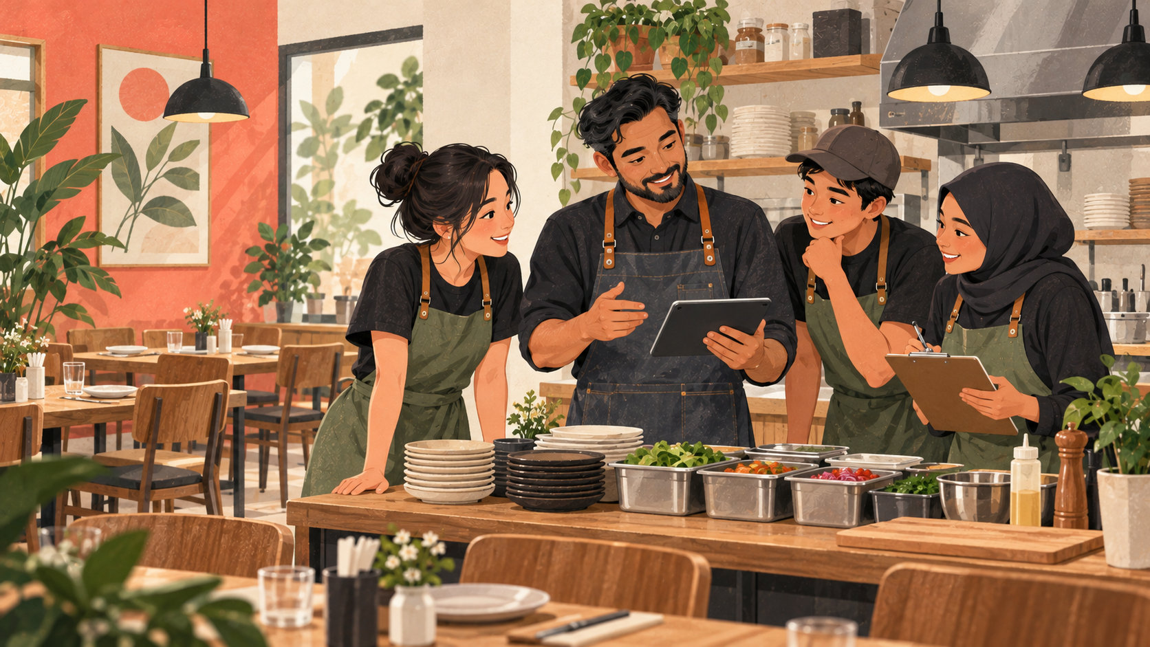 Editorial illustration: Restaurant team reviewing service before opening
