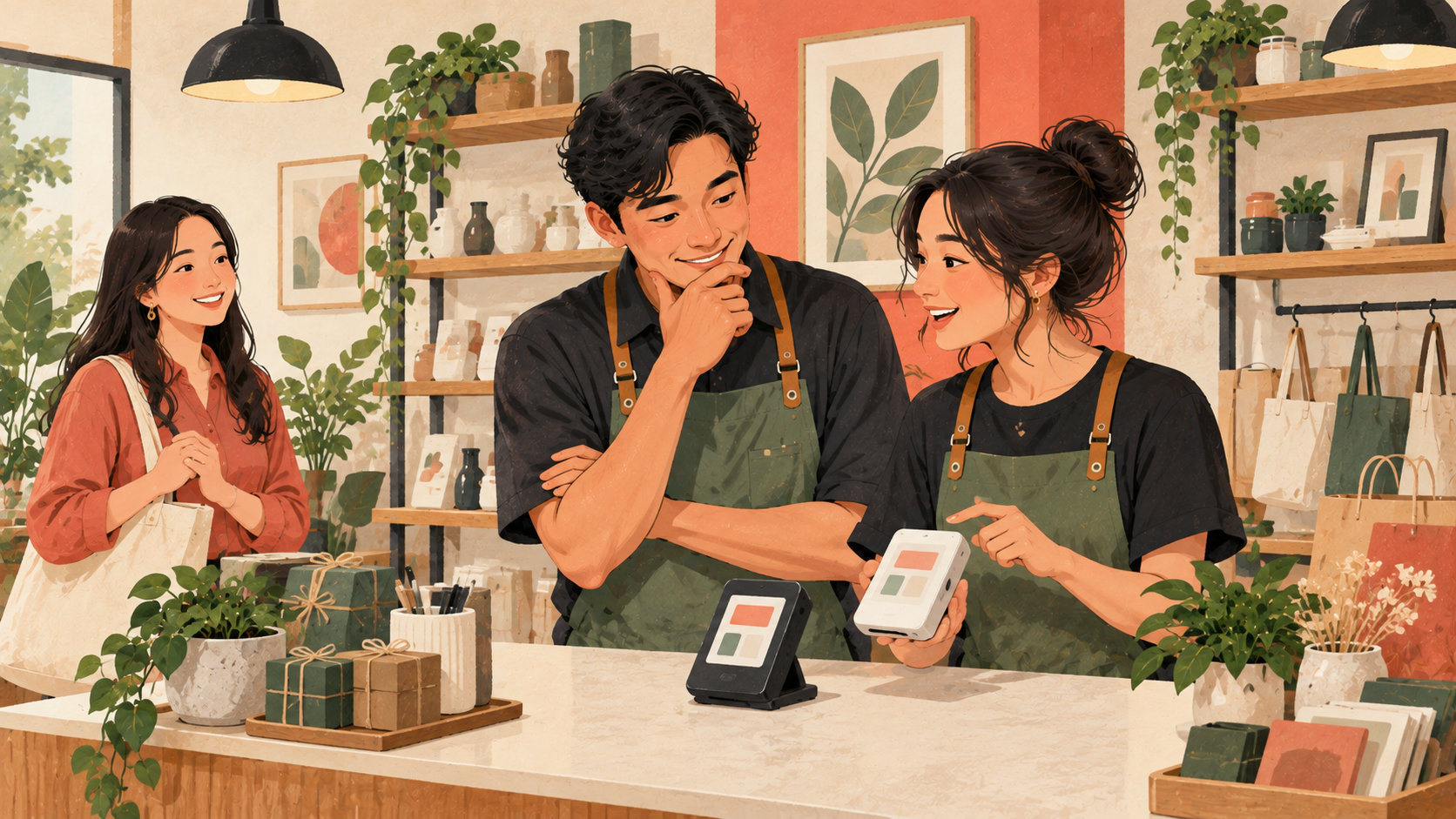 Editorial illustration: Merchant comparing payment devices for a small shop