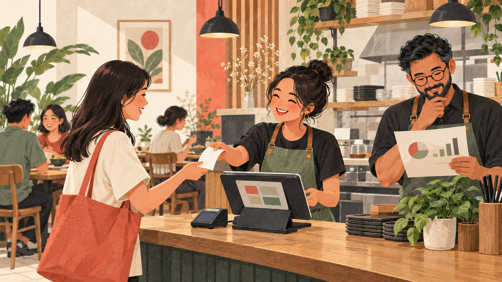 Editorial illustration: Restaurant checkout and review of the day’s payment records
