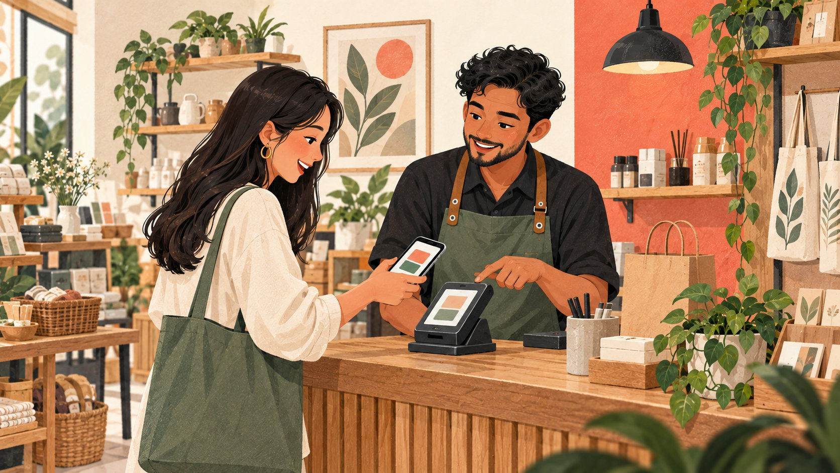 Editorial illustration: Merchant and customer reviewing a phone payment at checkout