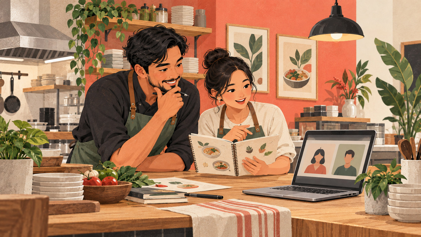 Editorial illustration: Restaurant owner and staff preparing for a POS demonstration