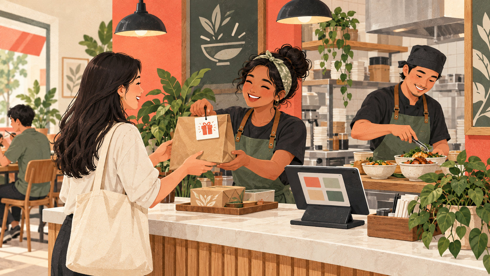 Editorial illustration: Food-counter team connecting an order with a member benefit