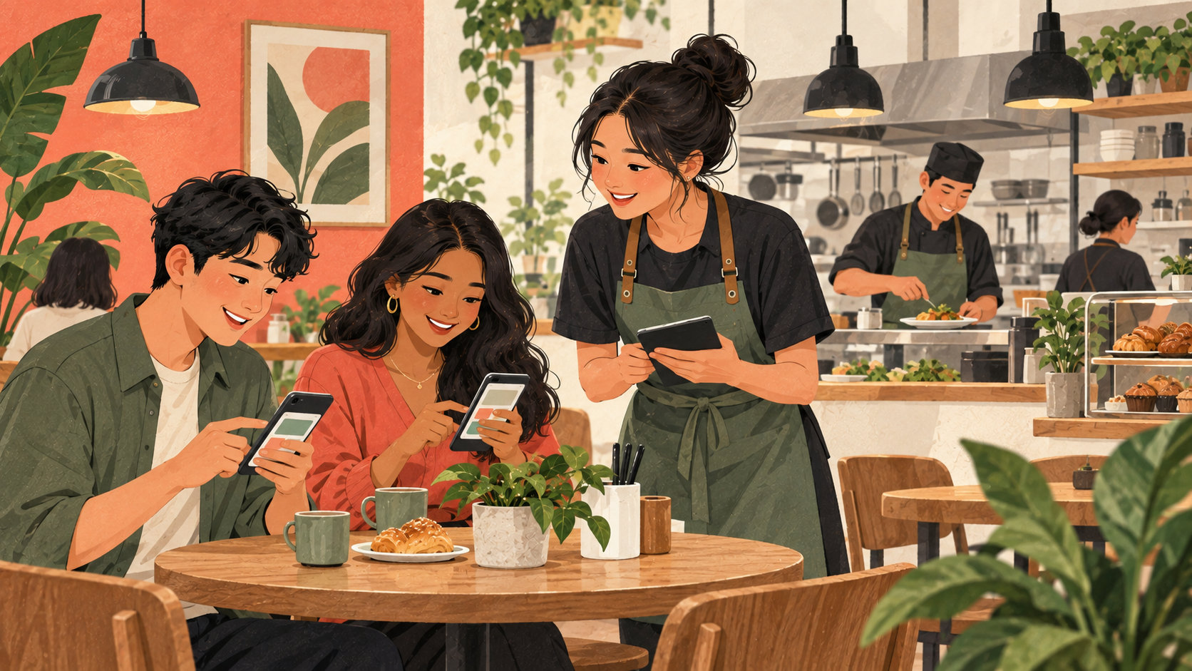 Editorial illustration: Cafe guests browsing a phone menu with a server nearby
