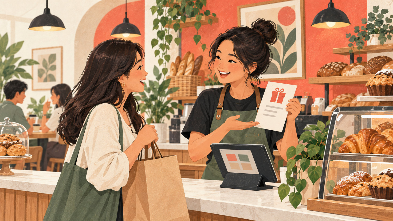 Editorial illustration: Bakery shopkeeper explaining a reward beside a receipt