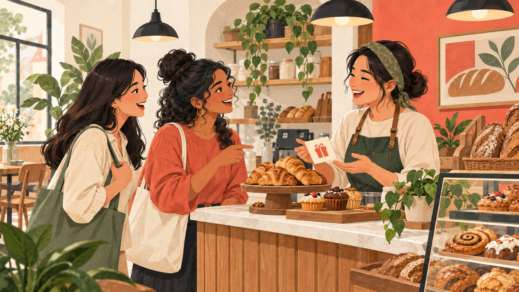 Editorial illustration: Friends visiting a bakery after a recommendation