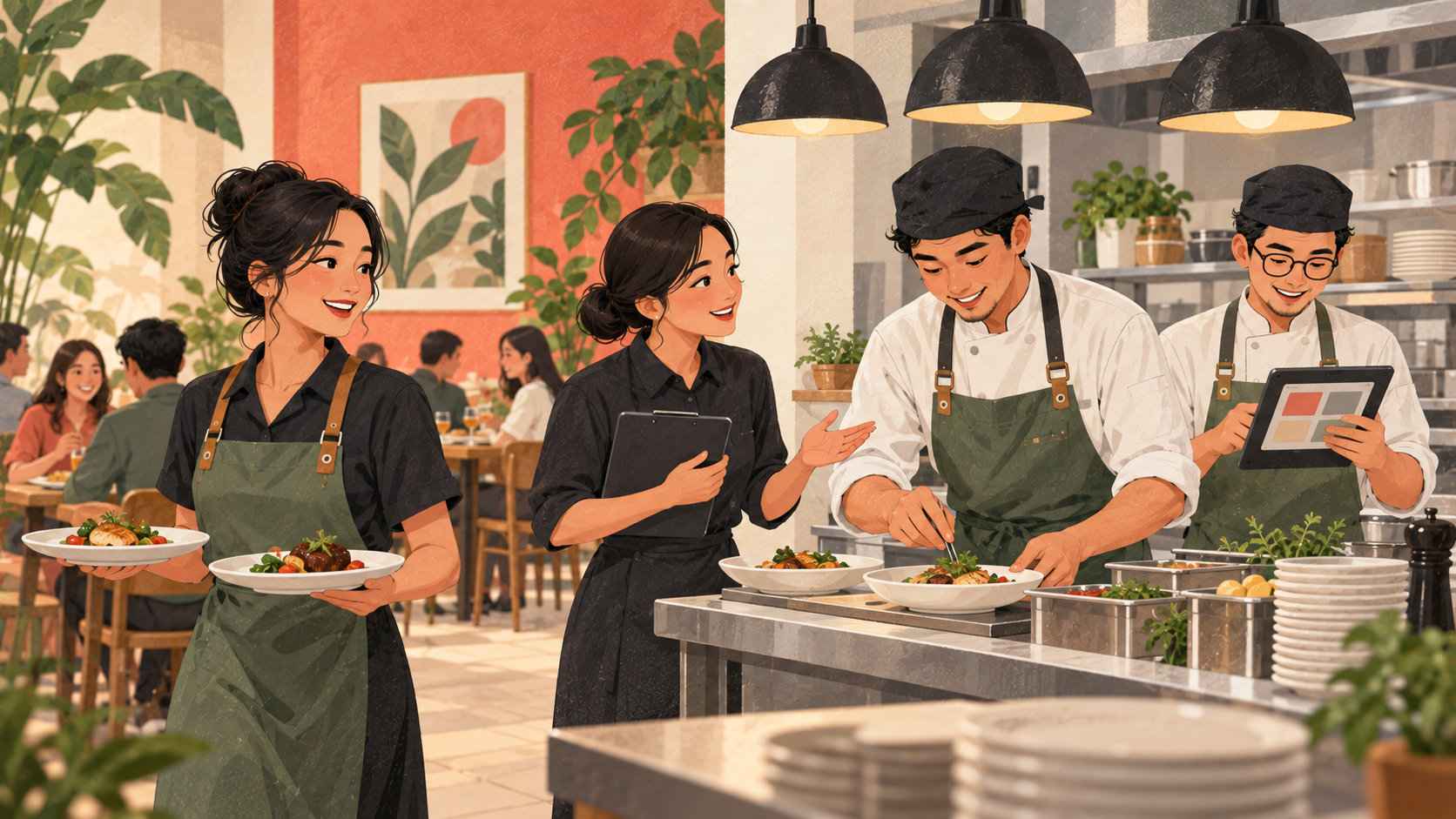 Editorial illustration: Restaurant team coordinating orders and meal preparation
