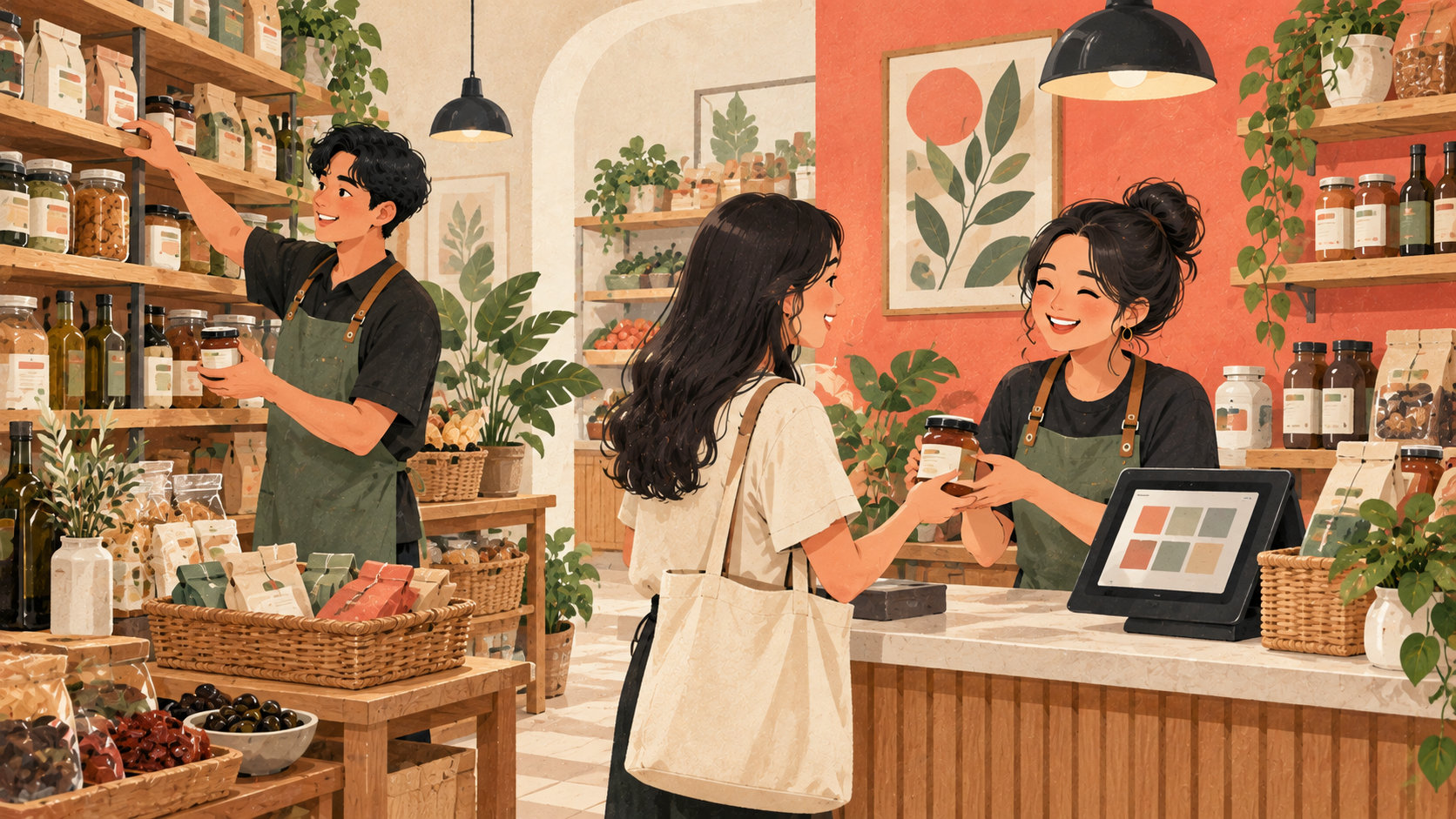 Editorial illustration: Specialty-food store team organising stock and serving a customer