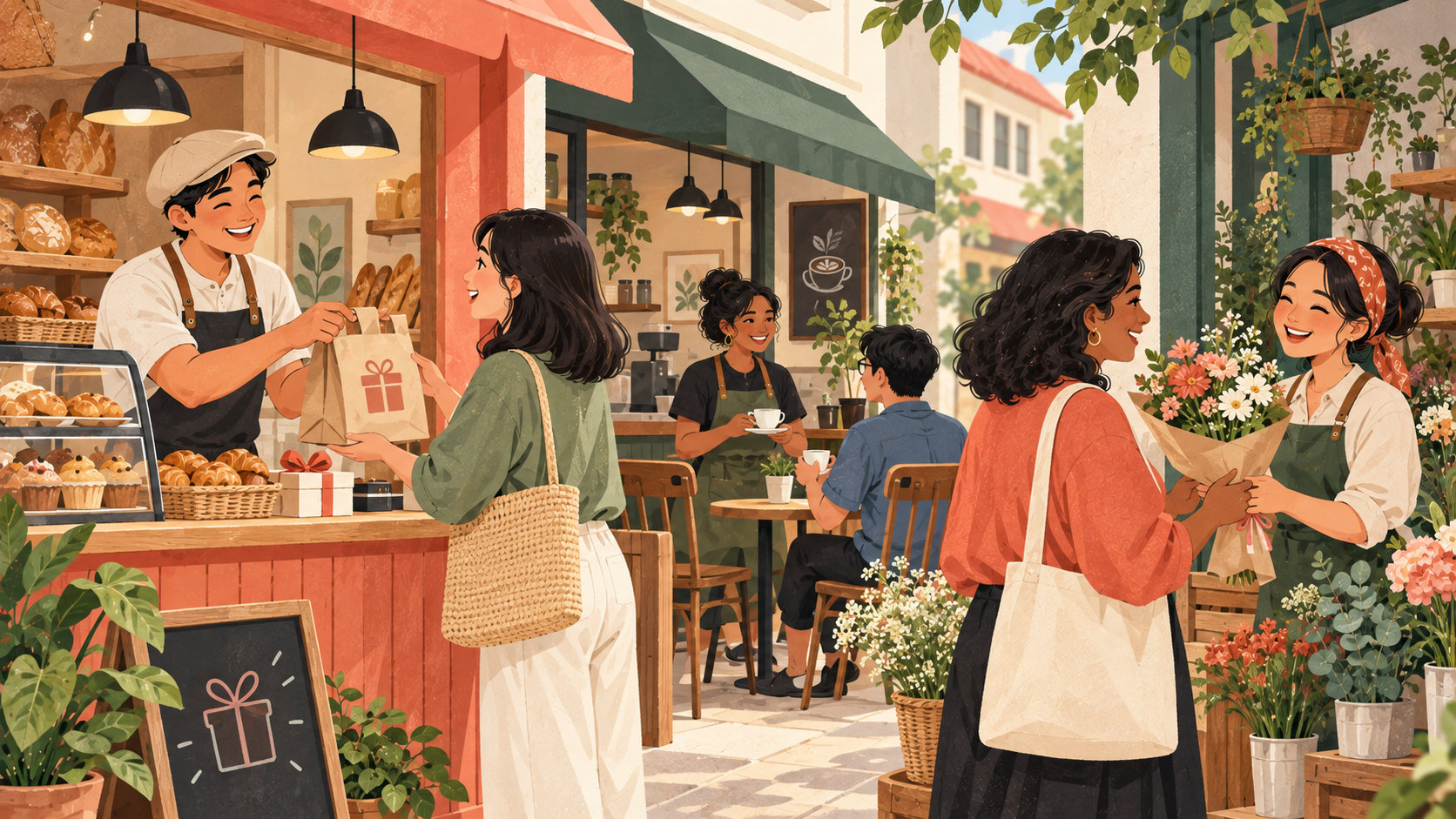 Editorial illustration: Neighbourhood merchants welcoming returning shoppers